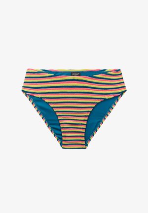 Damesbikinibroekje met gestructureerde horizontale strepen in roze, geel, groen en blauw, met een "protest" label aan de tailleband.