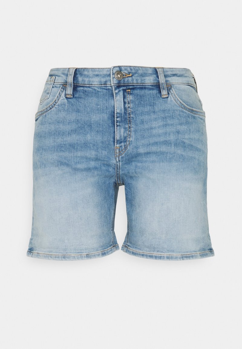 Světle modré džínové šortky s vybledlým efektem, pětikapsový design, zapínání na knoflík a ohrnutý lem. Obsahují jemné šicí detaily.