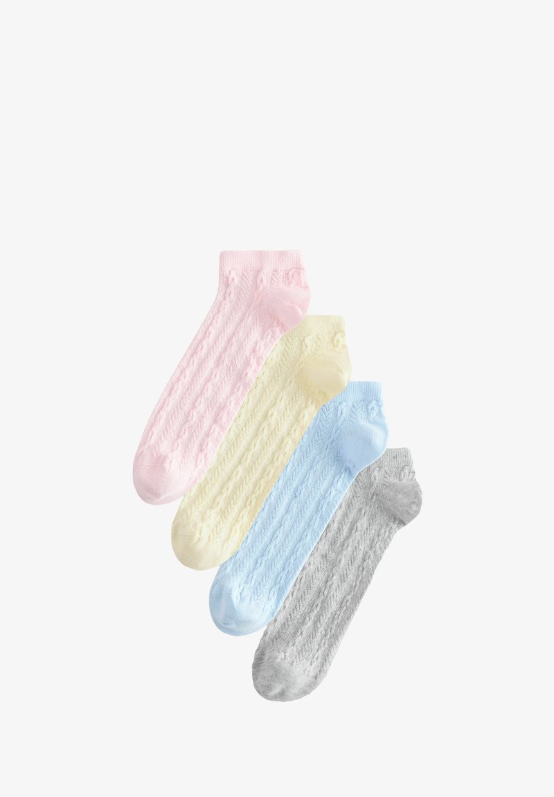 Four pairs of ankle socks in pastel colors: pink, yellow, blue, and gray. Each features a textured pattern and a ribbed cuff.