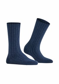 Calze a coste blu navy con una finitura testurizzata, dotate di punta e risvolto rinforzati per una maggiore durata. Il materiale sembra morbido ed elastico.