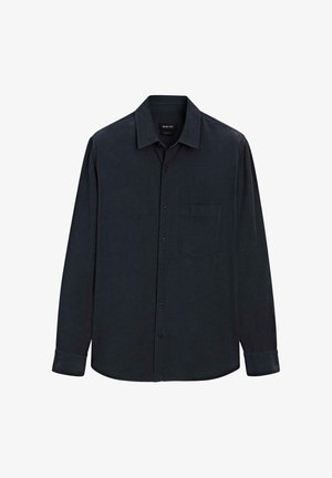 Donker marineblauw overhemd met lange mouwen, gemaakt van stof met een gestructureerde afwerking, voorzien van een knoopsluiting aan de voorkant en een enkel borstzakje.