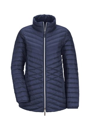 Veste matelassée bleu marine avec un col montant, texture à côtes verticales, fermeture éclair sur toute la longueur à l'avant et manches longues. Conception légère et isolante.