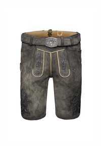 Tradiční tmavě šedé kožené lederhosen s květinovým embosováním, krémovým lemem a páskem s ozdobnou stříbrnou sponou s motivem jelena.