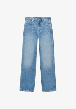 Vaaleansiniset farkut suoran leikkauksen, viiden taskun suunnittelun ja lievällä haalistumisella. Vyötäröllä on nappi- ja vetoketjukiinnitys.