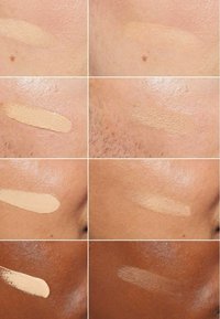 Échantillons de fond de teint sur la peau, variant en teintes du clair au foncé, avec des textures lisses et crémeuses et un fini naturel.