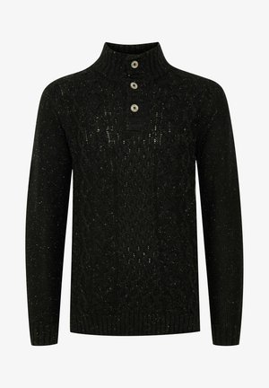 Mustat neulotut villapaidat, joissa on korkea kaulus, teksturoitu nyörikuvio, kolme nappia ja ribbaystäkkä sekä helma.