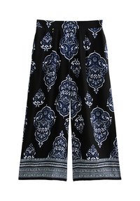 Schwarze Culotte-Hosen mit einem blauen ornamentalen Paisleymuster, weichem Stoff, weit geschnittenem Bein und einem gemusterten Saum.