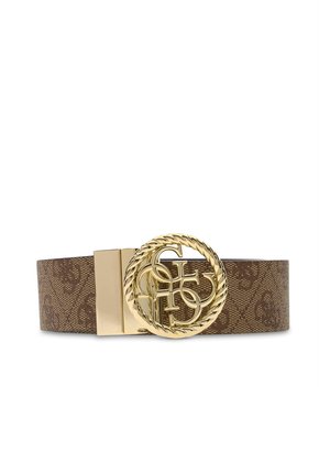 Cintura marrone con motivo fantasia con ampia fibbia rotonda dorata con lettere intrecciate e bordo con texture a corda.