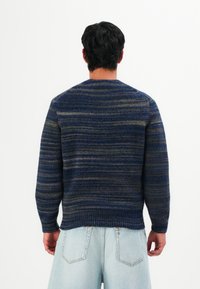 Uomo di spalle che indossa un maglione di lana a righe blu e verdi e pantaloni shorts in denim azzurro chiaro su uno sfondo bianco uniforme.