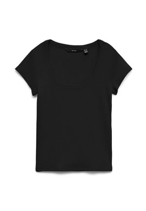 Camiseta negra de manga corta con cuello redondo, colocada plana sobre fondo blanco, mostrando la vista frontal y la textura de la tela.