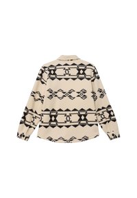 cremfarbener Fleecepullover mit schwarzen geometrischen Mustern, einem Kragen, Knopfmanschetten und einem abgerundeten Saum. Weicher Stoff mit einem lässigen Schnitt.