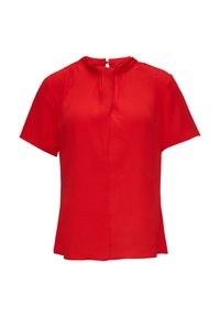 Rote Bluse mit kurzen Ärmeln aus glattem Stoff, mit Rundhalsausschnitt und kleinem Schlüssellochöffnungsdetails am Rücken sowie Faltenzierungen.