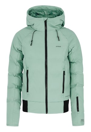 Light green puffer jacket with a hood, featuring black zippers and pockets, elastic cuffs, and a slightly cropped cut.