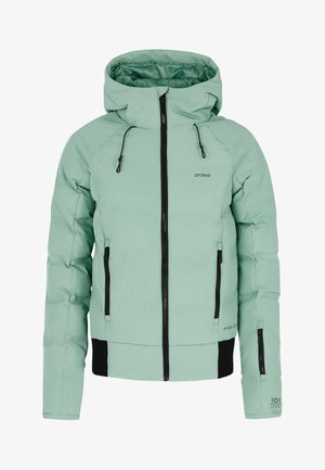 Chaqueta acolchada verde claro con capucha, que presenta cremalleras y bolsillos negros, puños elásticos y un corte ligeramente cropped.