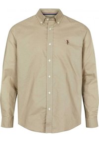 Beige overhemd met lange mouwen en knopen, voorzien van een button-down kraag, witte knopen en een klein geborduurd logo op de borst.