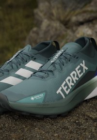 Scarpe da corsa leggere color turchese con tomaia testurizzata, tre strisce bianche e branding "TERREX"; dotate di tecnologie Gore-Tex e Lightstrike.