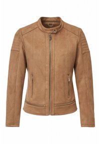 Hnědá semišová bunda s vysokým límcem, předním zipem a žebrovanými detaily na ramenou. Má dvě zipové boční kapsy. Hladká textura.