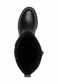 Botte en cuir noire avec une finition lisse, featuring un bout arrondi et un intérieur doux, doublé de fourrure. Comprend une fermeture éclair sur le côté.