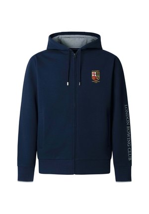 Marineblauwe hoodie met ritssluiting en een kap gevoerd met grijs, met het wapen van de London Rowing Club op de linkerborst en de tekst "London Rowing Club" op de rechtermouw.