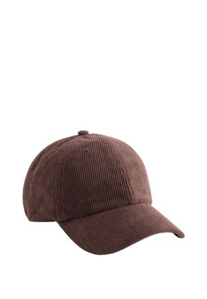 Casquette de baseball en velours côtelé marron avec visière incurvée et bouton supérieur, présentée sur un fond blanc.