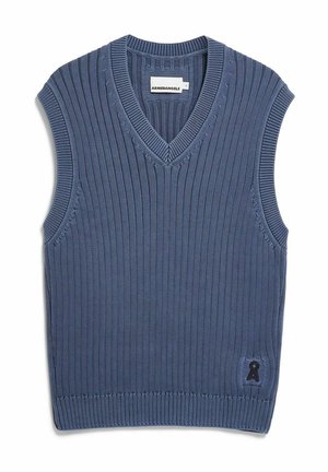 Ärmelloser V-Ausschnitt-Pullover in dunkelblauem, geripptem Strick. Verfügt über ein kleines schwarzes Logo-Emblem auf der unteren rechten Seite und strukturierte Details.