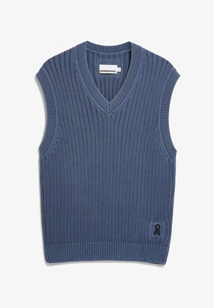 Ärmelloser V-Ausschnitt-Pullover in dunkelblauem, geripptem Strick. Verfügt über ein kleines schwarzes Logo-Emblem auf der unteren rechten Seite und strukturierte Details.