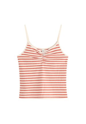 Randig tanktopp med smala röda och krämfärgade ränder, med en rynkad detalj i mitten. Tillverkad av ribbat tyg, med tunna axelremmar.