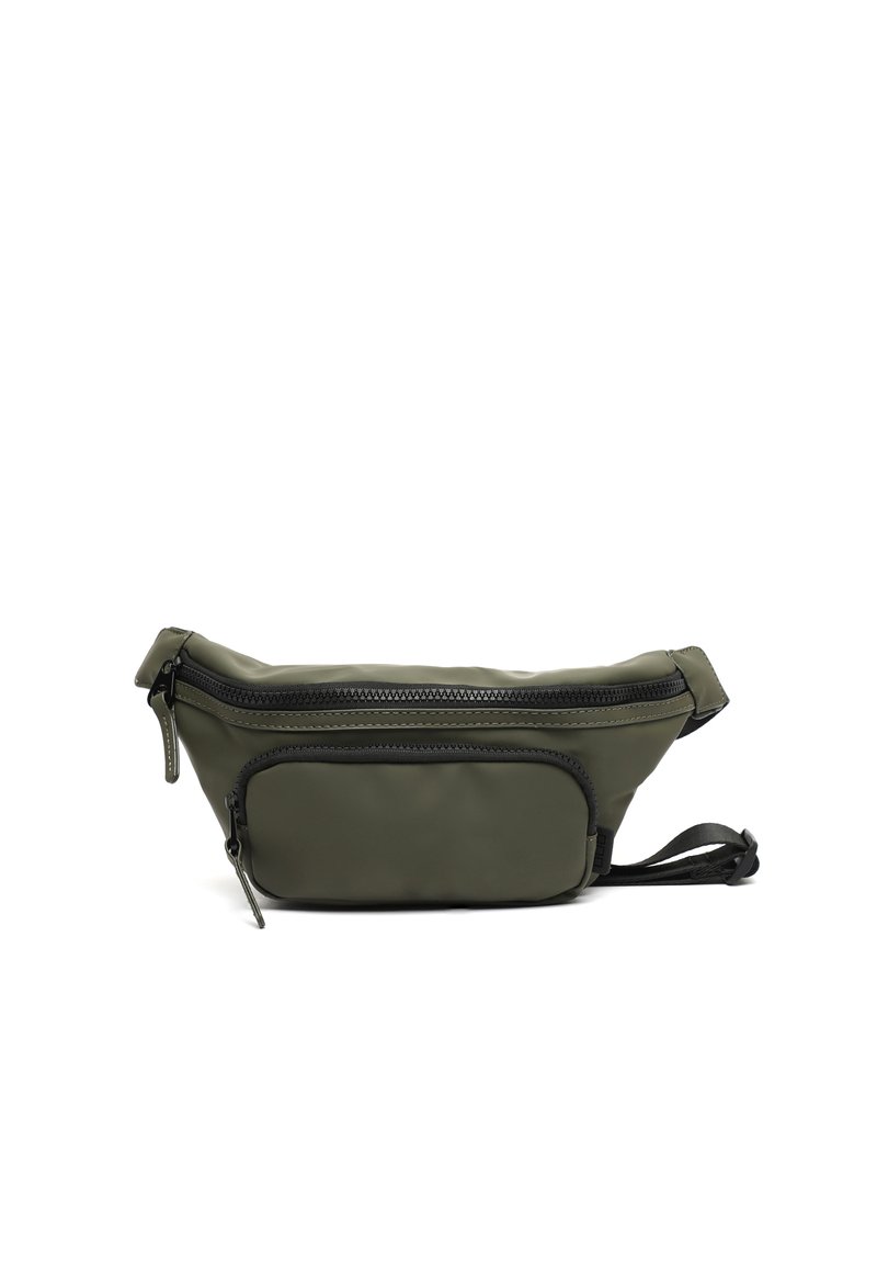 Alyvuogių spalvos fanny pack'as su pagrindiniu užtrauktuku ir priekinėmis kišenėmis. Pagamintas iš lygaus, patvaraus medžiagos ir turi juodus akcentus.
