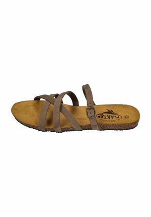 Brown adjustable sandal with multiple cross straps, a textured footbed, and a rubber sole. Buckle detail on the side for fit adjustment.
