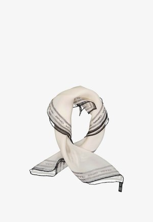 Écharpe transparente écrue avec bordures noires et motifs en forme de chaînes, avec le logo Prada sur les bords.