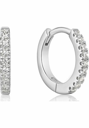 Silver hoop earrings featuring a row of clear, round-cut stones along one side. Smooth, polished surface with a secure clasp design.