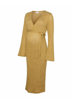 Vestido de maternidad en tela de canalé amarillo mostaza, con escote en V, mangas largas acampanadas y diseño de cintura con lazo. Longitud a media pantorrilla.