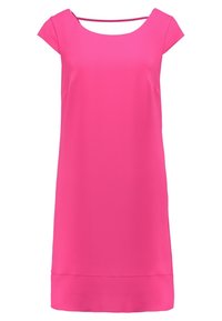 Fuksia vaaleanpunainen hihaton mekko, jossa on pyöreä pääntie, valmistettu sileästä kankaasta. Mekossa on suora siluetti ja polven pituinen helma.