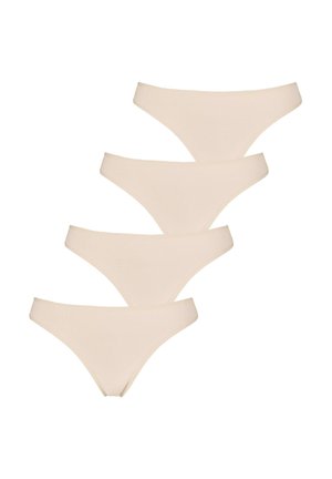 Four beige women's bikini-style underwear pieces stacked diagonally on a white background.