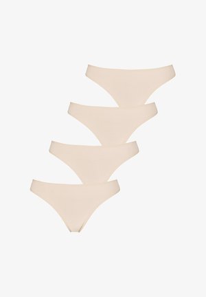 Four beige women's bikini-style underwear pieces stacked diagonally on a white background.