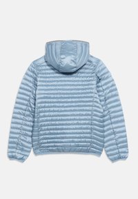 Ανοιχτό μπλε μπουφάν με επένδυση, κουκούλα, μακριά μανίκια και οριζόντια ραφές, απεικονιζόμενο από πίσω σε λευκό φόντο.