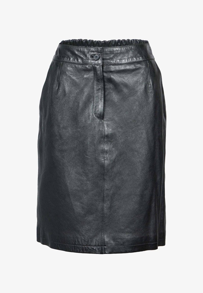 Zwarte leren rok met een rechte snit, elastische tailleband, sluiting met knopen aan de voorkant en zijzakken. Soepele textuur met een gepolijste afwerking.