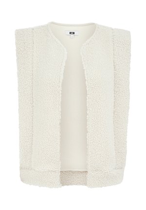 Krem žuti bez rukava prsluk napravljen od mekog, teksturiranog flisa s okruglim izrezom i otvorenom prednjom, s glatkom unutarnjom podstavom.