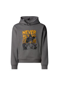 Hall halliga kapuutsiga dressipluus, millel on musta ja kollase tekstiga suur graafika "NEVER STOP EXPLORING" ning ees kängurutasku ja soonilised mansetid.