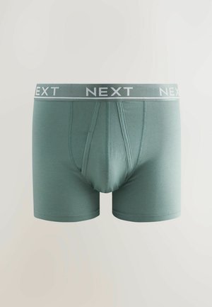 Mēteņa zaļas bokseršortus, kas izgatavoti no mīksta auduma, ar kontrastējošu pelēku elastīgu jostasvietu, uz kuras redzams "NEXT" logo. Priekšpusē ir funkcionāla kabata.