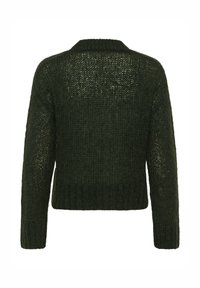 Dunkelgrüner Strickpullover mit lockerem, offenem Muster. Verfügt über einen rundem Ausschnitt und lange Ärmel, endet in der Taille mit einem gerippten Saum.