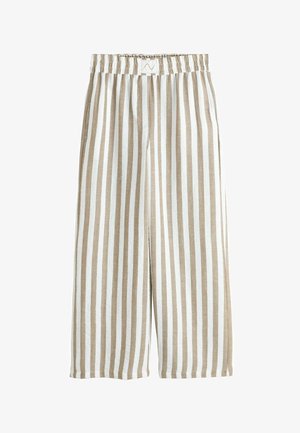 Fehér háttéren megjelenített, bézs és fehér függőleges csíkos, széles szárú nadrág rugalmas derékrésszel és oldalzsebekkel.