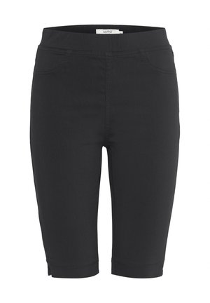 Sorte stræk-bukser i bermuda-stil med en bred talje, to forlommer og en let opsmøg ved kanten. Silkeagtig stoffets tekstur.