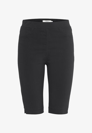 Juodi tamprūs bermudai su plačiu juosmeniu, dviem priekinius kišenėmis ir šiek tiek pasukta apatine dalimi. Lygus audinio paviršius.