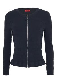 Navy modrá zipová kardigan vyrobená z texturované pleteniny, s dlouhými rukávy, kulatým výstřihem a rozšířeným lemem na spodní části.
