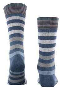Striped socks in shades of blue, gray, and white. Soft texture with a ribbed cuff; features various horizontal stripe patterns.