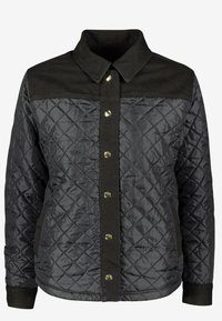 Chaqueta negra acolchada con una textura suave, que presenta un cierre de botones, cuello y tela mate en los hombros.