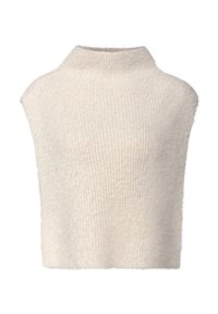 Pull court de couleur crème avec un col montant, fabriqué en tissu doux et duveteux ; présente une texture côtelée et un design court.