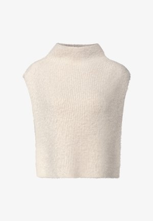 Korte, crème kleurige trui met een hoge hals, gemaakt van zachte, pluizige stof; heeft een geribbelde textuur en een cropped ontwerp.