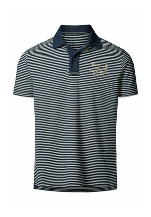Navy and white striped polo shirt with a dark blue collar, featuring two buttons and embroidered text on the chest. Cotton material.